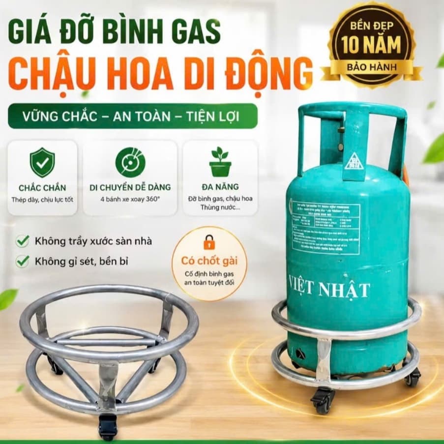 [Hàng siêu cấp] Giá đỡ bình gas có 3 bánh xe xoay 360 độ chốt khóa An toàn tiện lợi di chuyển dễ dàng hàng dày dặn
