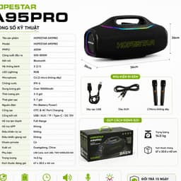 Loa Bluetooth Karaoke HOPESTAR A95PRO PMPO 600W, Kèm 2 Micro Không Dây, Pin Trên 10000mAh, Chống Nước IPX6, Đèn LED RGB 6
