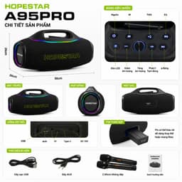 Loa Bluetooth Karaoke HOPESTAR A95PRO PMPO 600W, Kèm 2 Micro Không Dây, Pin Trên 10000mAh, Chống Nước IPX6, Đèn LED RGB 3