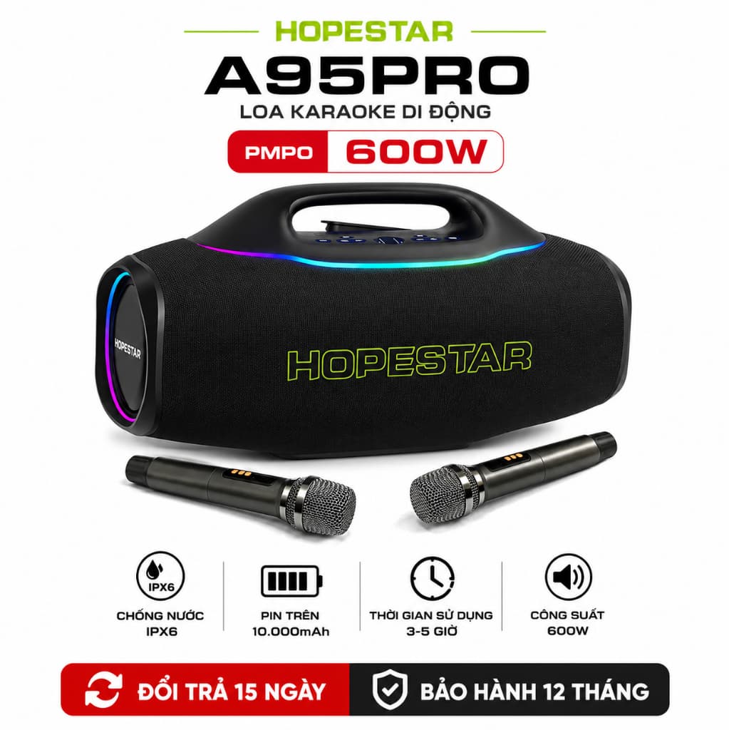 Loa Bluetooth Karaoke HOPESTAR A95PRO PMPO 600W, Kèm 2 Micro Không Dây, Pin Trên 10000mAh, Chống Nước IPX6, Đèn LED RGB