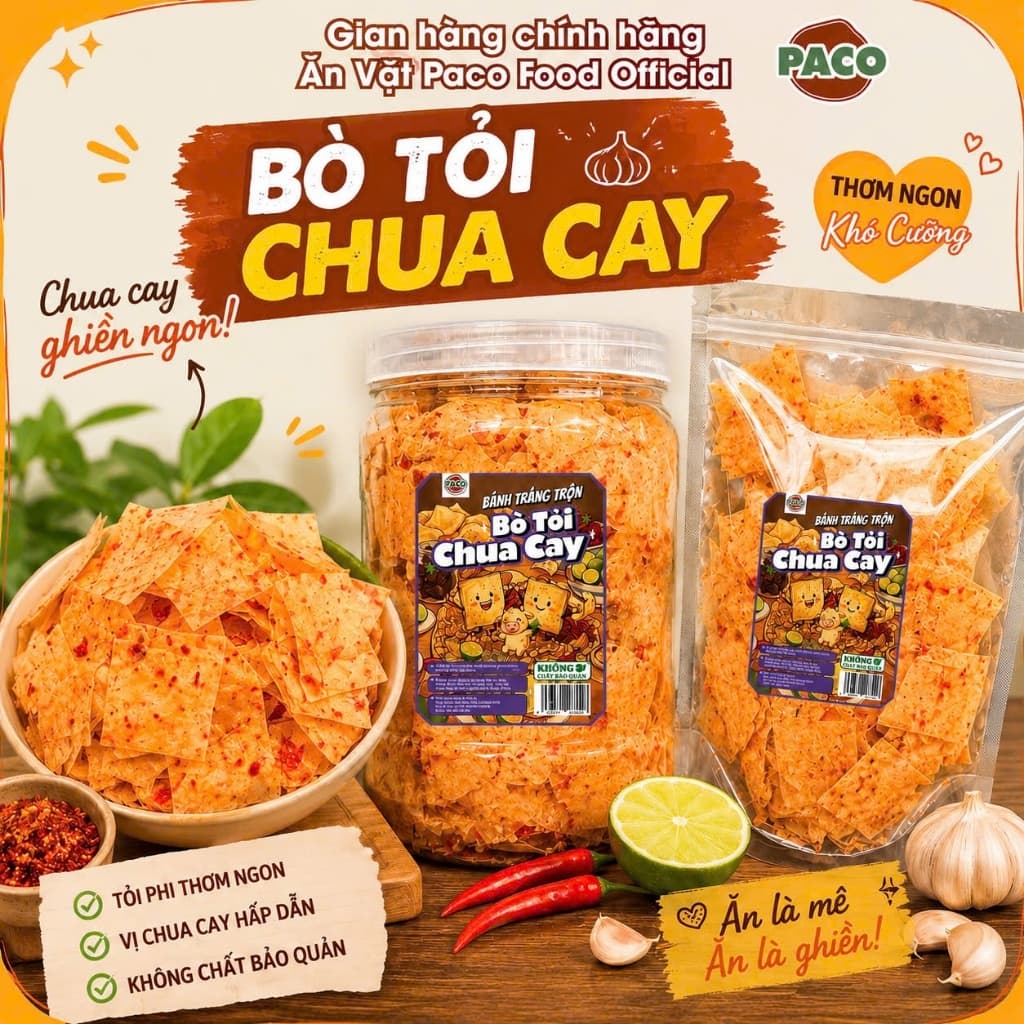 bánh tráng tỏi bò chua cay ngon Paco Food ăn hoài không ngán