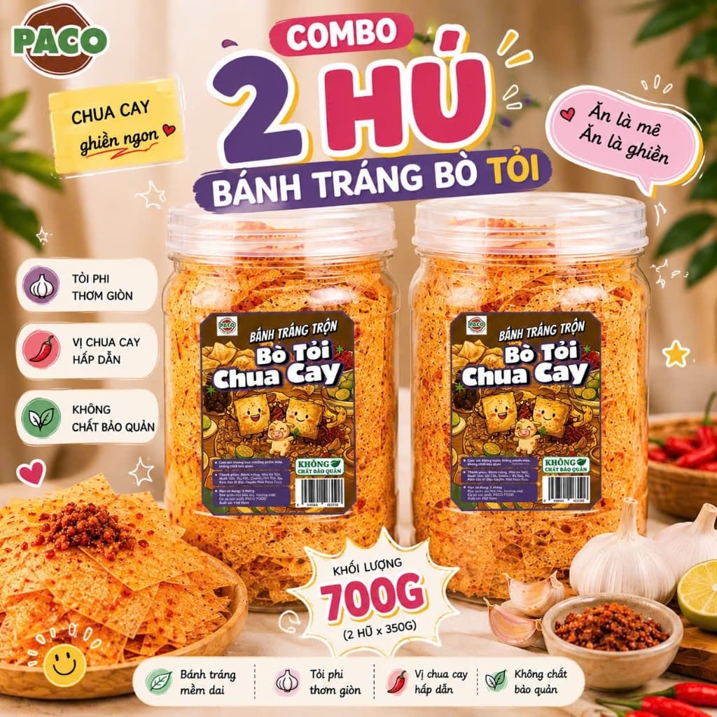 combo 2 hủ bánh tráng bò tỏi chua cay Paco Food -món ăn vặt quốc dân càng ăn càng dính