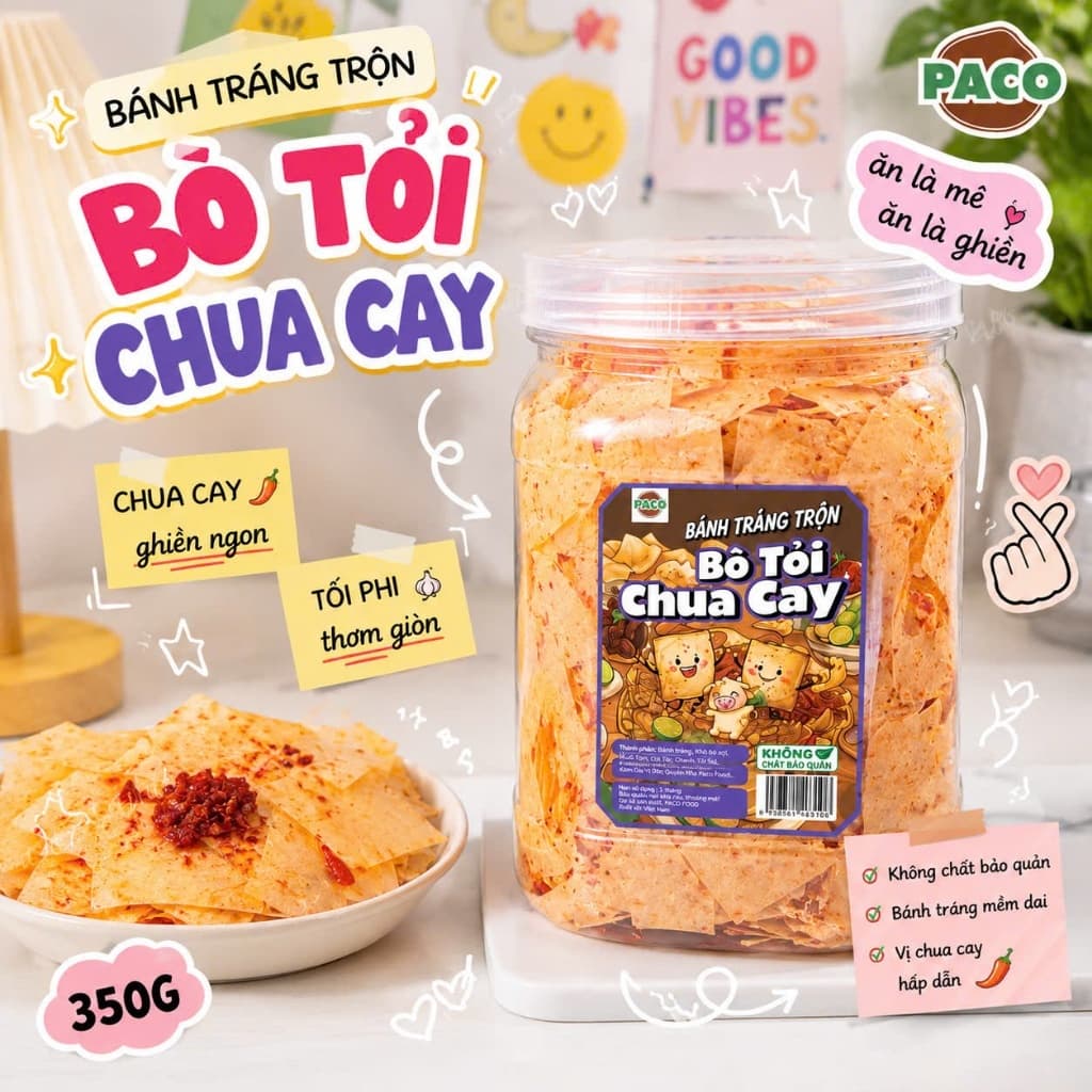 Bánh Tráng Bò Tỏi Chua Cay Paco Food 350g – Chua Cay Ghiền Ngon, Tỏi Phi Thơm Giòn, Ăn Là Cuốn