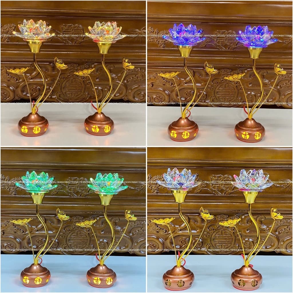 Đôi Đèn Thờ Hoa Sen Nghệ Thuật Pha Lê Cao 30cm Đổi 5 Màu, Chân Hợp Kim Sang Trọng Trang Trí Bàn Thờ