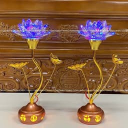 Đôi Đèn Thờ Hoa Sen Nghệ Thuật Pha Lê Cao 30cm Đổi 5 Màu, Chân Hợp Kim Sang Trọng Trang Trí Bàn Thờ 5