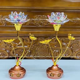 Đôi Đèn Thờ Hoa Sen Nghệ Thuật Pha Lê Cao 30cm Đổi 5 Màu, Chân Hợp Kim Sang Trọng Trang Trí Bàn Thờ 6