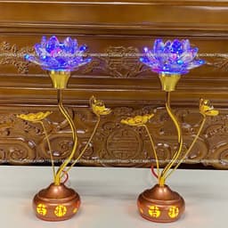 Đôi Đèn Thờ Hoa Sen Nghệ Thuật Pha Lê Cao 30cm Đổi 5 Màu, Chân Hợp Kim Sang Trọng Trang Trí Bàn Thờ 3