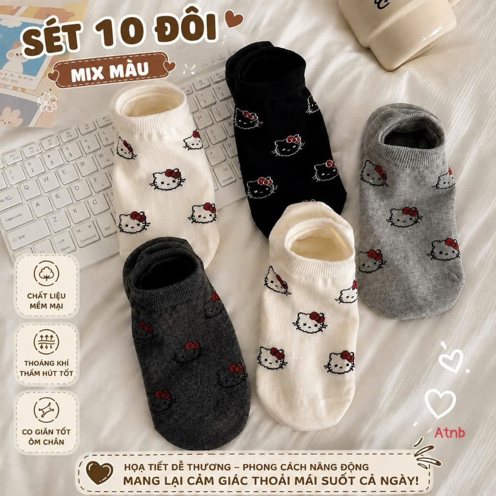 Sét 10 đôi tất lười mèo kitty chất cotton thoáng khí A3TI5