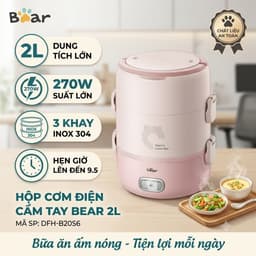 HỘP CƠM ĐIỆN CẦM TAY BEAR DFH-B20S6 2L 270W – 3 KHAY INOX 304, HẸN GIỜ, HÂM NÓNG & HẤP TRỨNG 9
