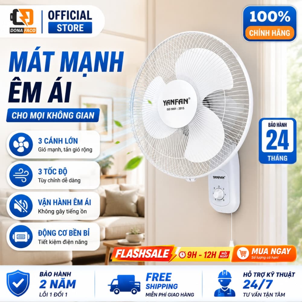 Quạt treo tường 1 dây yanfan t301 36W B3 30cm, 3 tốc độ gió mạnh tiết kiệm đIện bảo hành 36 tháng