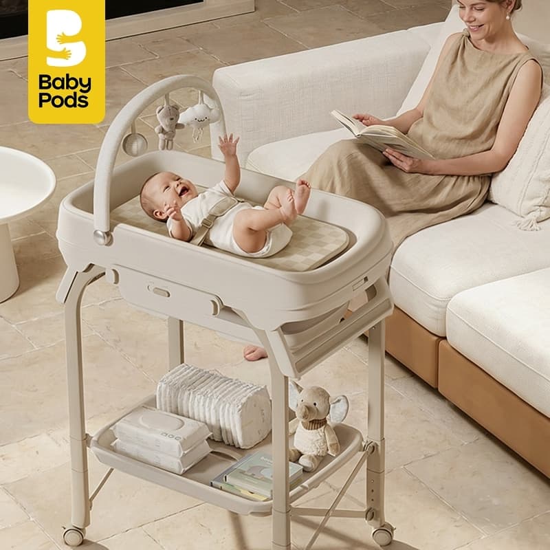 Bàn thay tã kết hợp bồn tắm di động xếp gọn Babypods 2in1 mẫu Yunchu, tùy chỉnh độ cao, báo nhiệt độ nước