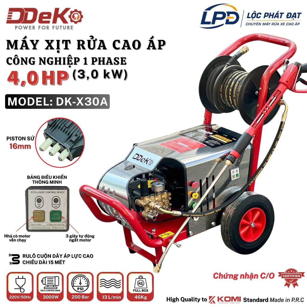 Máy Xịt Rửa Cao Áp Công Nghiệp DDEKO 3.0kW | DEKO DK-X30A, Lưu lượng 13~15 L/p, Áp lực 140~200Bar, Piston Ti Sứ Đặc.