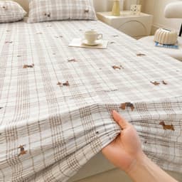 Bộ Ga Gối Cotton Đũi Vintage 3 Món Họa Tiết Cún Nâu Kẻ Caro, Ga Chun Kèm 2 Vỏ Gối Nằm, Mềm Mịn Thoáng Mát 1