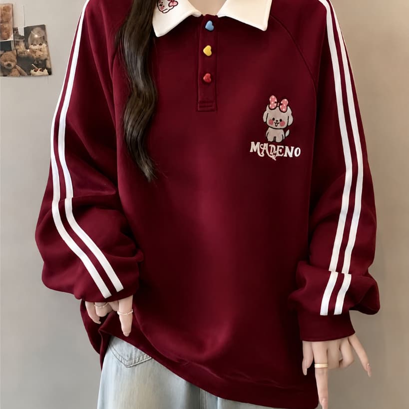 Áo Sweater Nữ Dài Tay Phối Cổ PoLo Chất Liệu Nỉ Bông Dày Dặn,Mềm Mịn MADENO