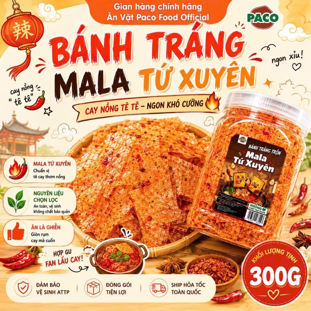 Bánh Tráng Mala Tứ Xuyên 300g Paco Food – Cay Nồng Tê Tê, Giòn Rụm Ngon Khó Cưỡng 🌶️