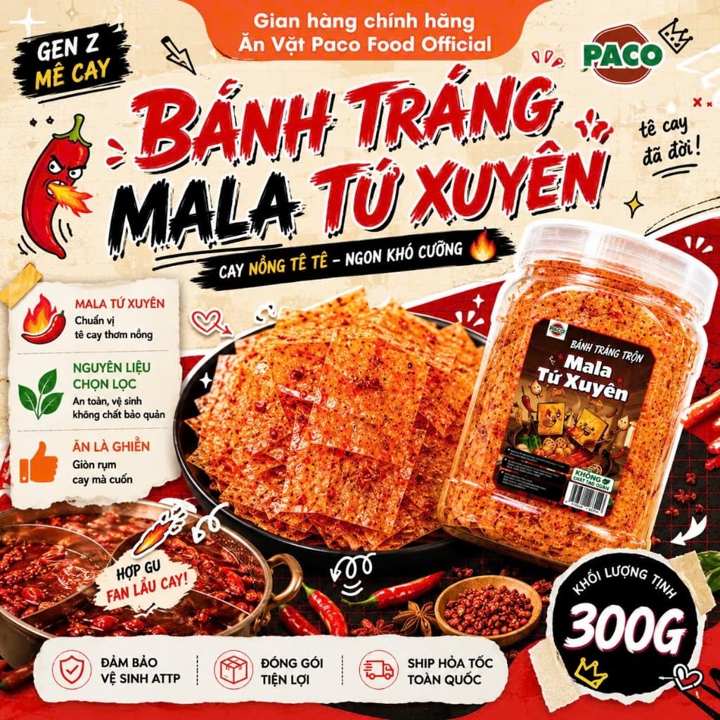Bánh Tráng Trộn Mala Tứ Xuyên Paco Food 300g – Cay Nồng Tê Tê, Thơm Nồng Gia Vị, Ăn Vặt Cực Cuốn