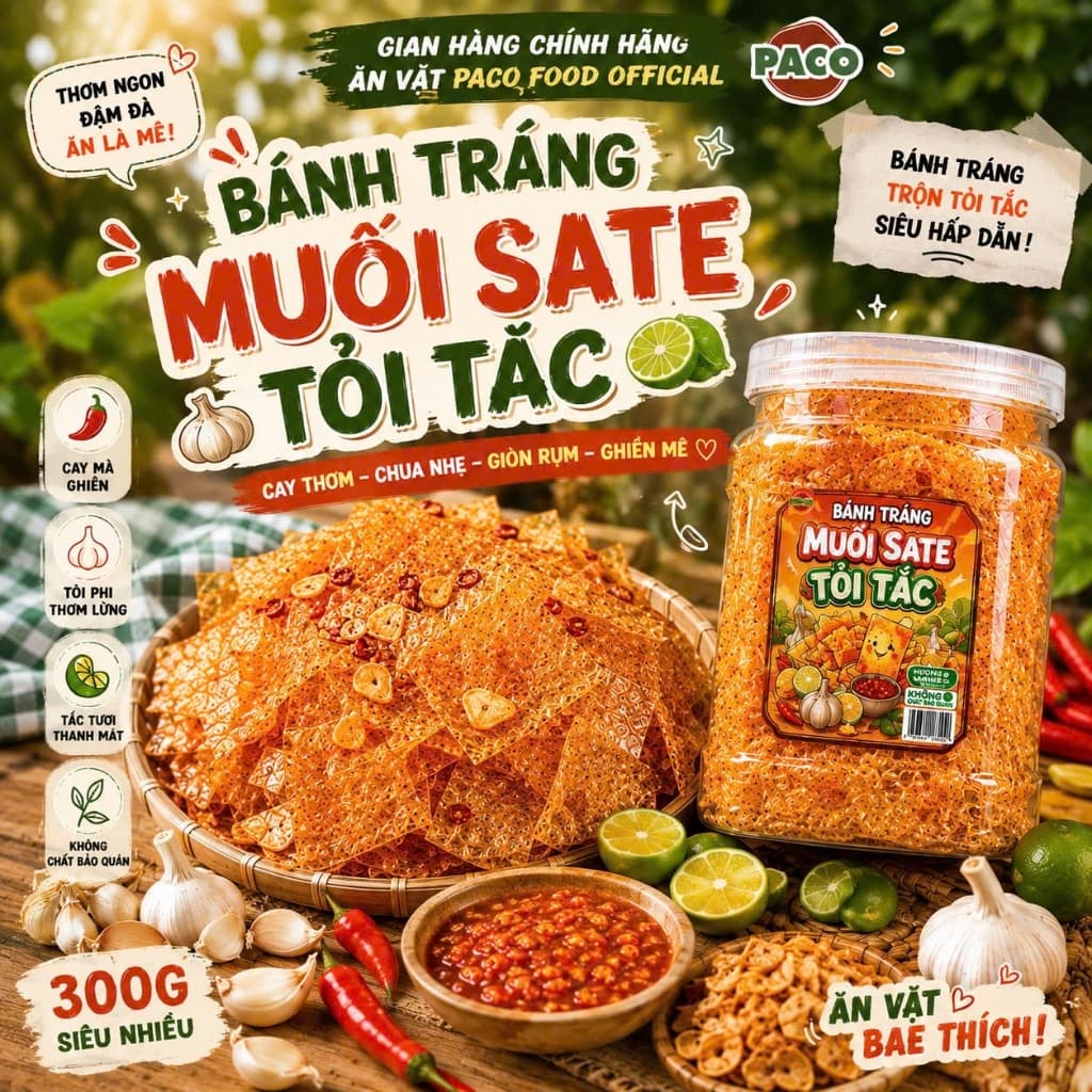Bánh Tráng Trộn Muối Sate Tỏi Tắc Paco Food đã trộn sẵn vị mới mà quen– Cay Chua Đậm Đà, Bánh Tráng Ăn Vặt Siêu Cuốn Pa