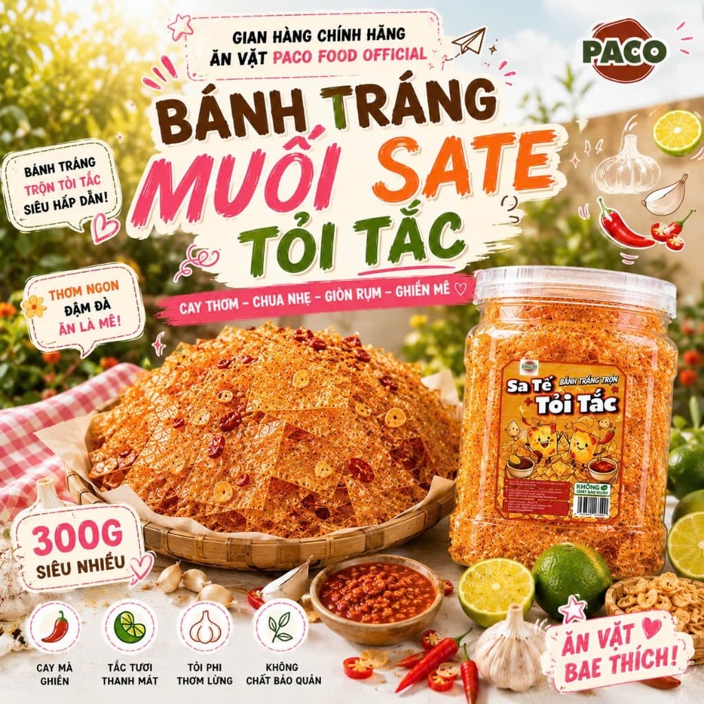 Bánh Tráng Trộn Muối Sate Tỏi Tắc 300g Paco Food – Vị Cay Thơm Tỏi Tắc Chua Nhẹ, Đậm Đà, Ăn Vặt Càng Ăn Càng Cuốn