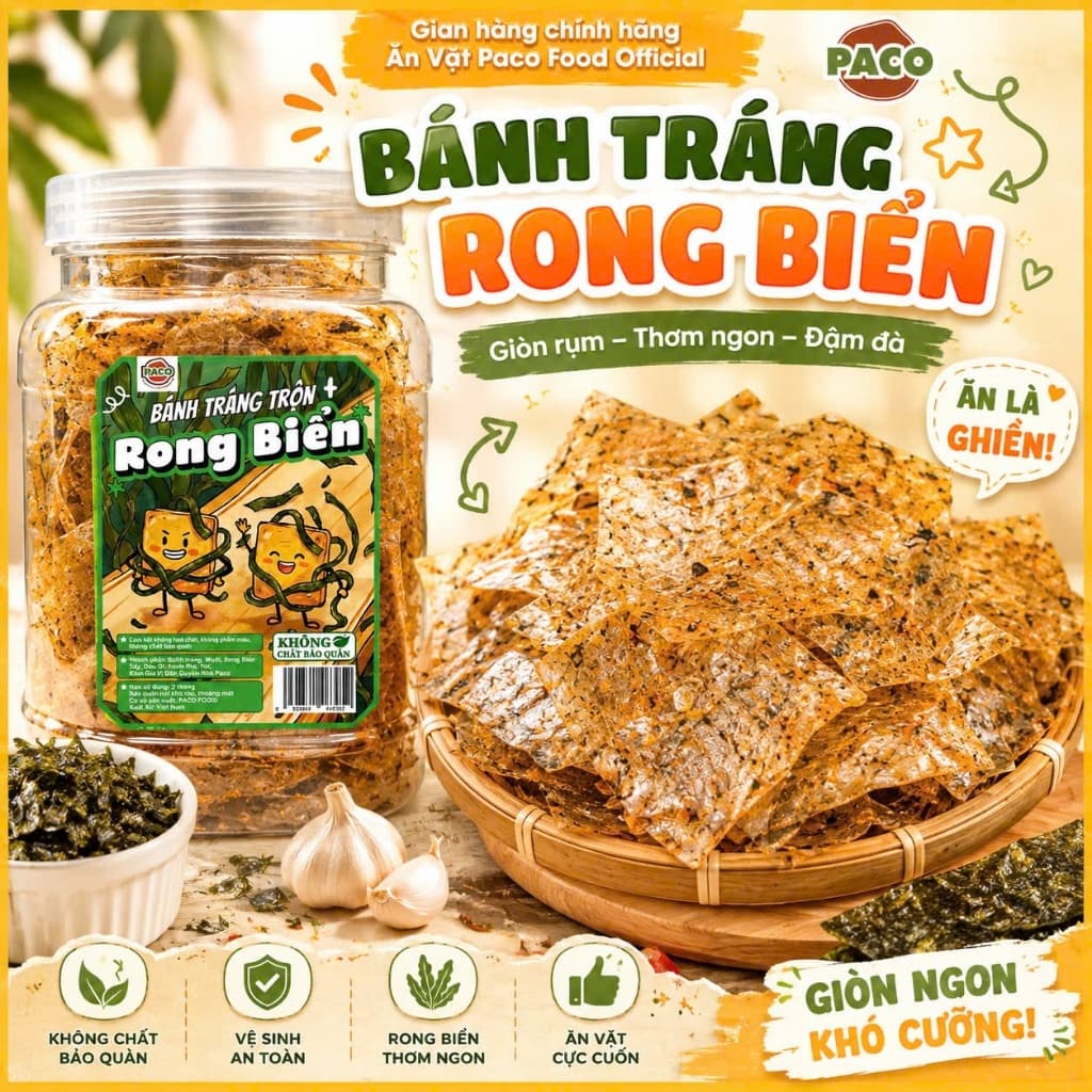 Bánh Tráng Rong Biển PACO 300g – Bánh Tráng Trộn Rong Biển Sấy Hành Phi Tỏi – Gia Vị Độc Quyền Nhà Paco Ăn Vặt Cực Cuốn