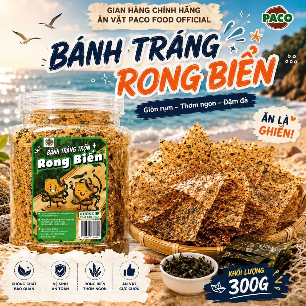 Bánh Tráng Rong Biển PACO 300g có rong biển sấy – Bánh Tráng Trộn Rong Biển Sấy Hành Phi Tỏi – Đồ Ăn Vặt Đậm Vị