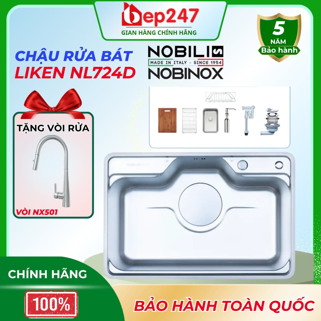 Chậu rửa bát Nobinox LIKEN NL724D bảo hành 10 năm, chống xước hoàn hảo