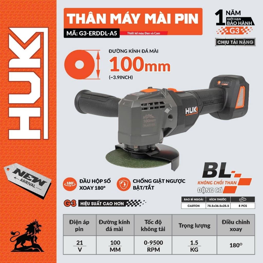 Máy Cắt Mài Pin HUKAN G3-ERDDL-A5, Xoay Góc Cắt 180 Độ - Có Chống Giật Ngược - Không Chổi Than