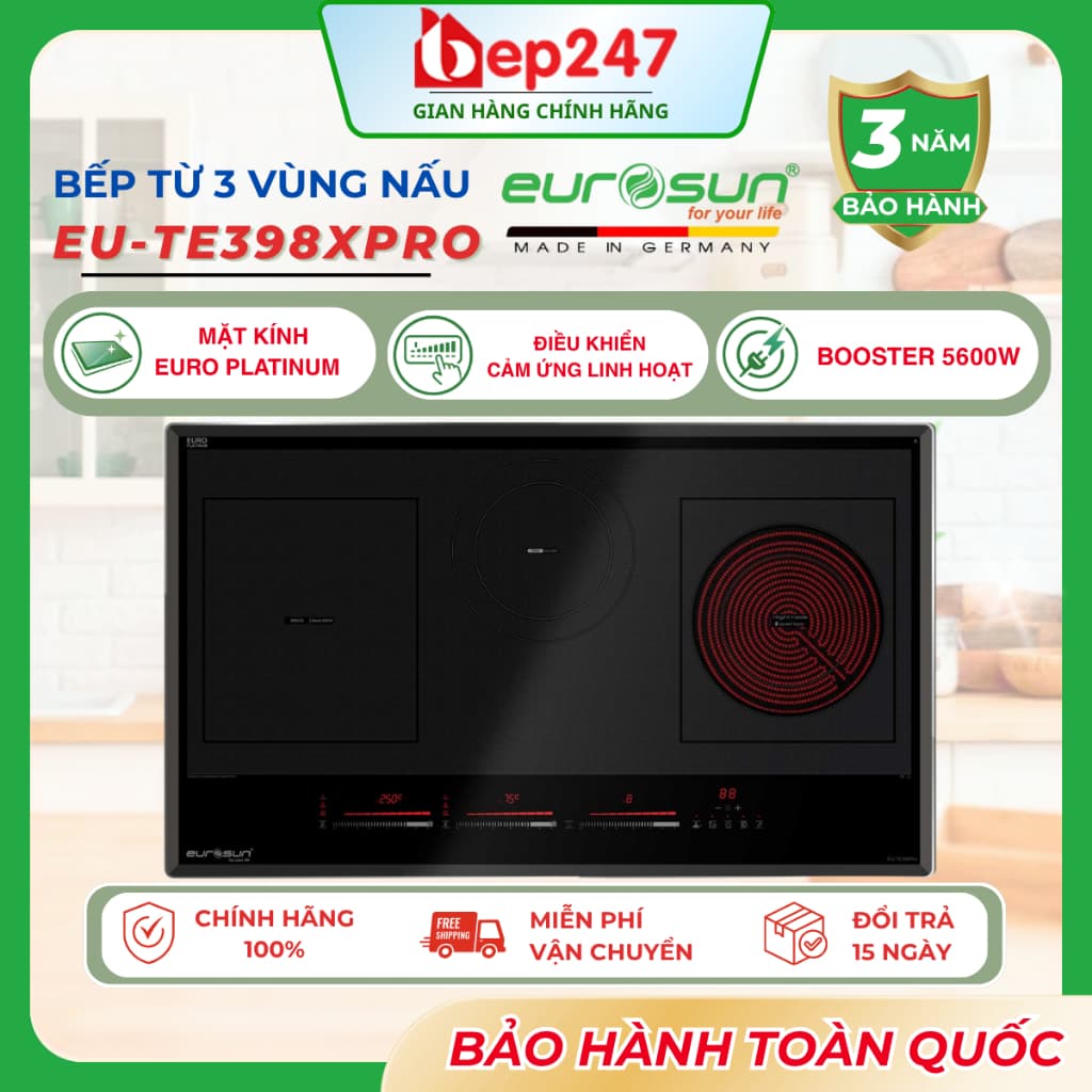 Bếp Điện Từ Eurosun EU-TE398XPro 3 Vùng Nấu Inverter Booster 3000W Mặt Kính EURO Platinum Chính Hãng