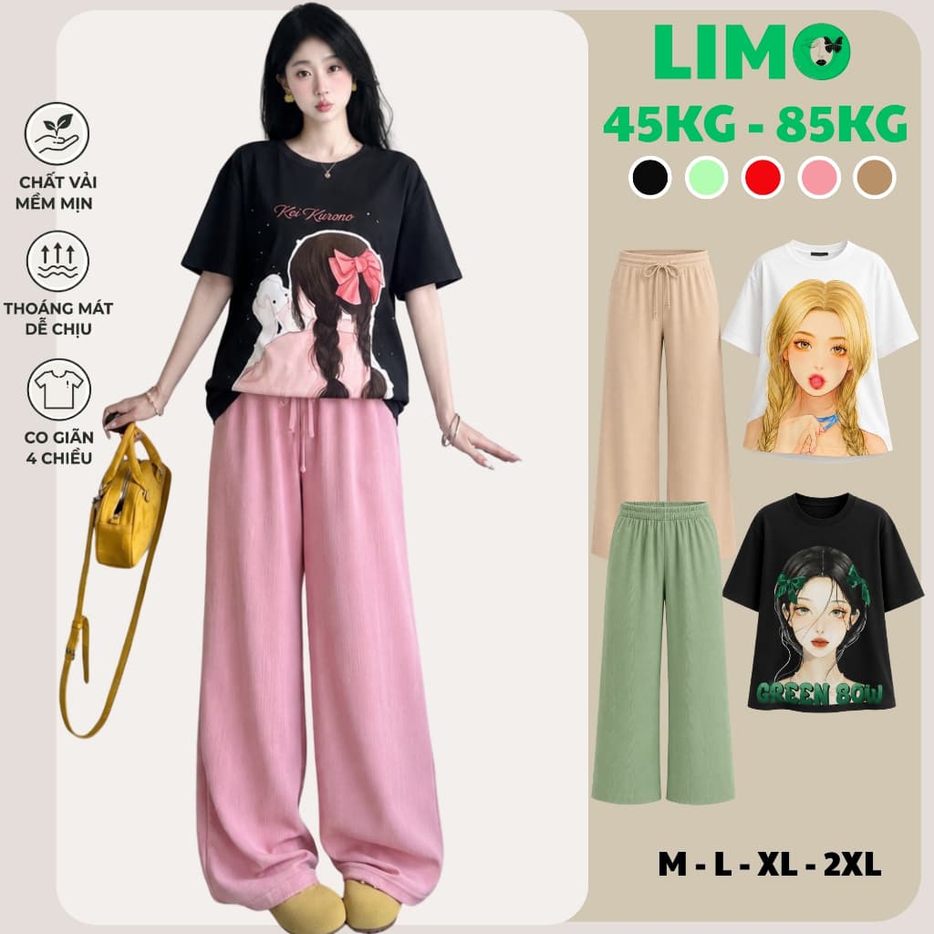Đồ Bộ Nữ Bigsize LIMO DB61 Quần Ống Suông Rộng Cạp Cao Áo Tay Lửng Thun Gân Len Tăm Co Giãn Mặc Nhà