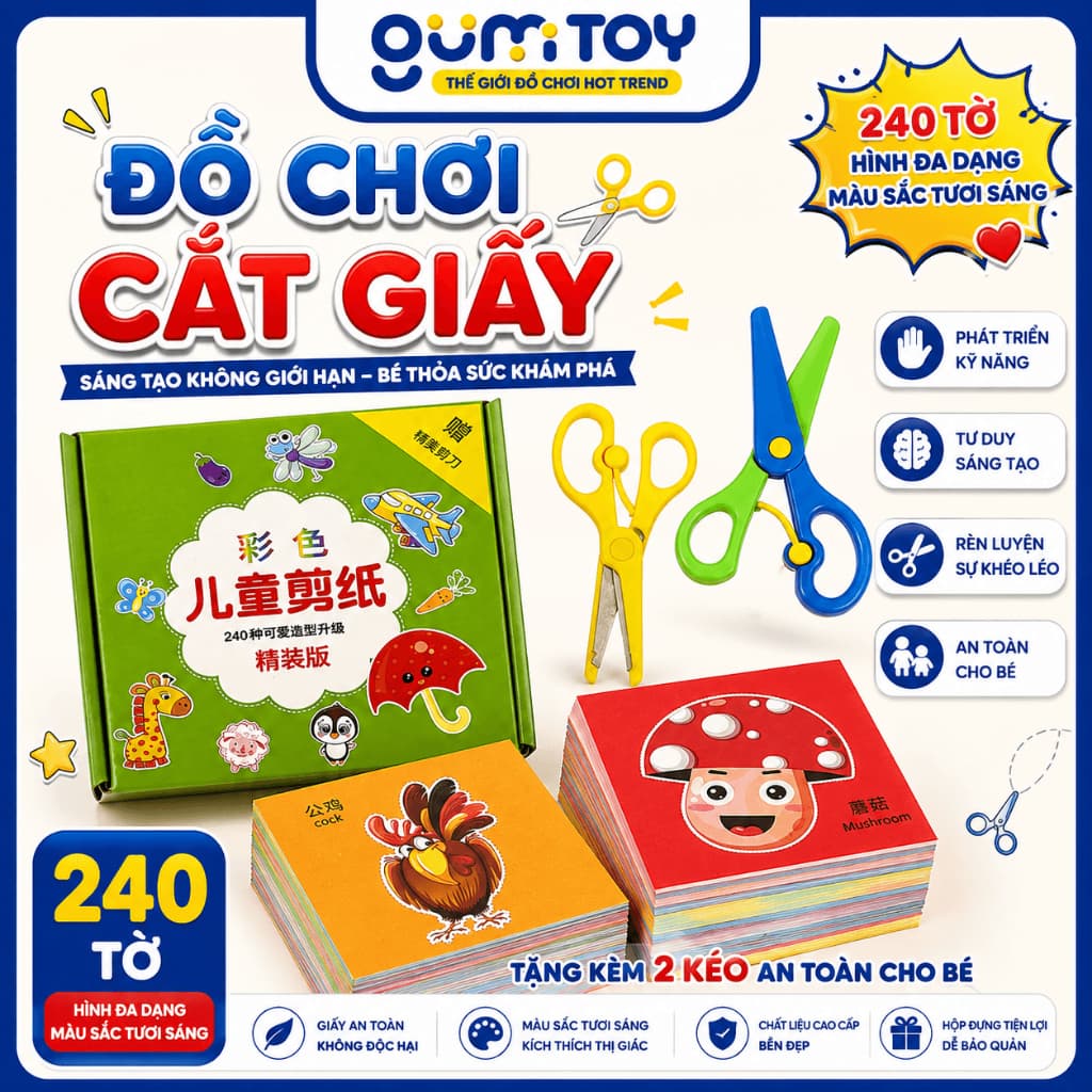 Đồ Chơi CẮT GIẤY 240 Tờ Cho Bé – Bộ Luyện Cắt Thủ Công Sáng Tạo Kèm 2 Kéo An Toàn | Gumi Toy