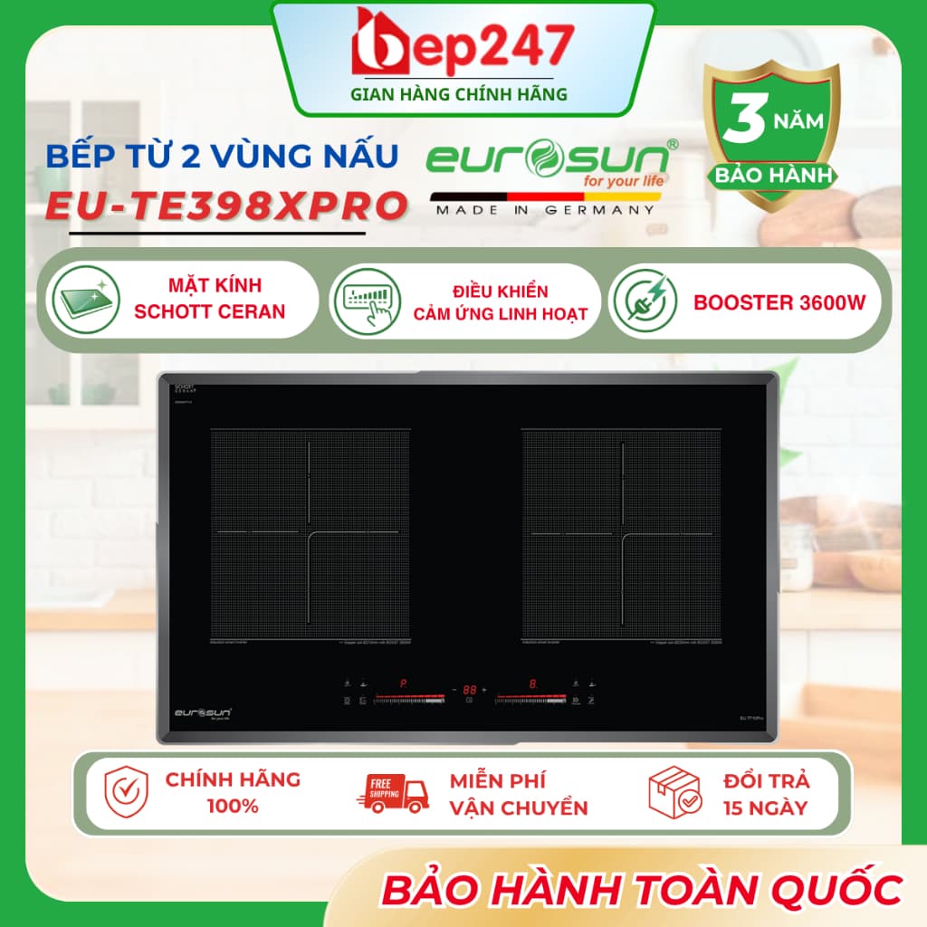 Bếp Từ Đôi Eurosun EU-T715XPro 2 Vùng Nấu Inverter Booster 3000W Kính Schott Ceran Chính Hãng