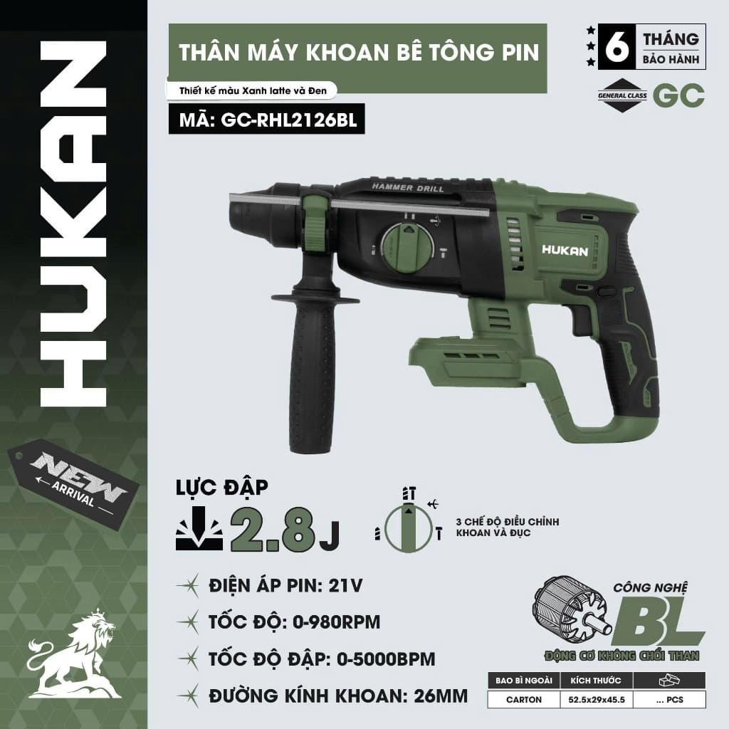 Thân Máy Khoan Bê Tông HUKAN GC-RHL2126BL| Động Cơ Không Chổi Than, Điện Áp  21V, Lực Đập: 2,8J