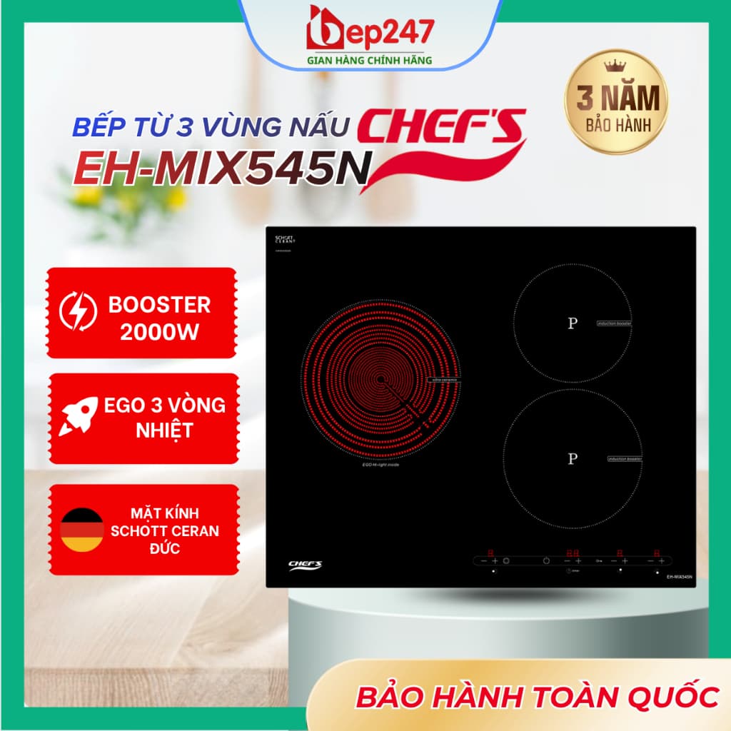 Bếp Điện Từ Chef's EH MIX545N 3 Vùng Nấu 5500W Mặt Kính Schott Ceran E.G.O Hi-Light 3 Vòng Nhiệt 9 Mức Công Suất