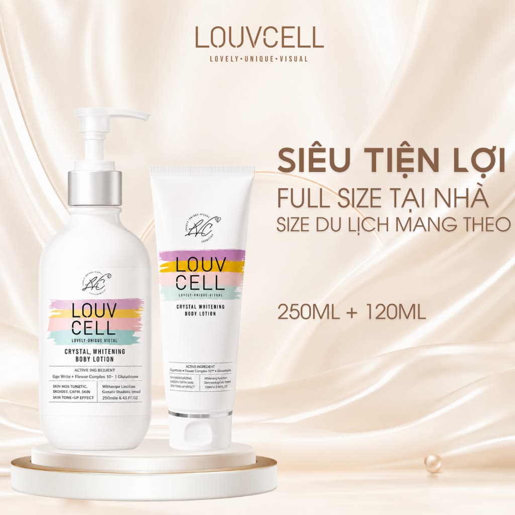 LOUVCELL Bộ đôi kem body dưỡng thể trắng da cấp ẩm 120ml + 250ml, tiện lợi, mang đi hằng ngày - Hàng công ty, có VAT