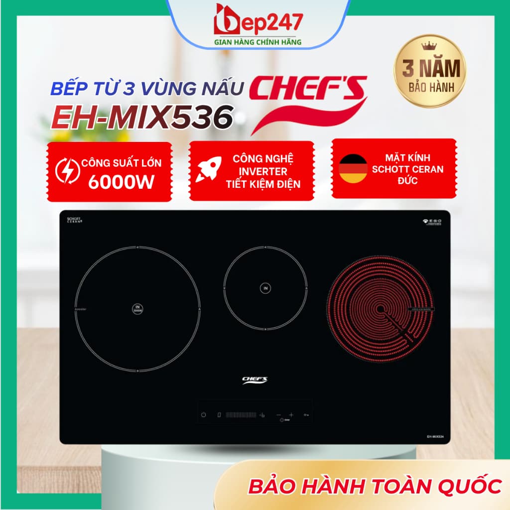 Bếp Điện Từ Chef's EH-MIX536 3 Vùng Nấu 2 Từ 1 Hồng Ngoại 6000W Booster 3000W Mặt Kính Schott Ceran Chuẩn Đức Chính Hãng