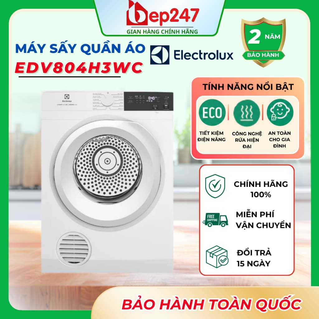 Máy Sấy Thông Hơi Electrolux UltimateCare EDV804H3WC 8Kg Sấy Đảo Chiều Diệt Khuẩn SmartSensors Chính Hãng
