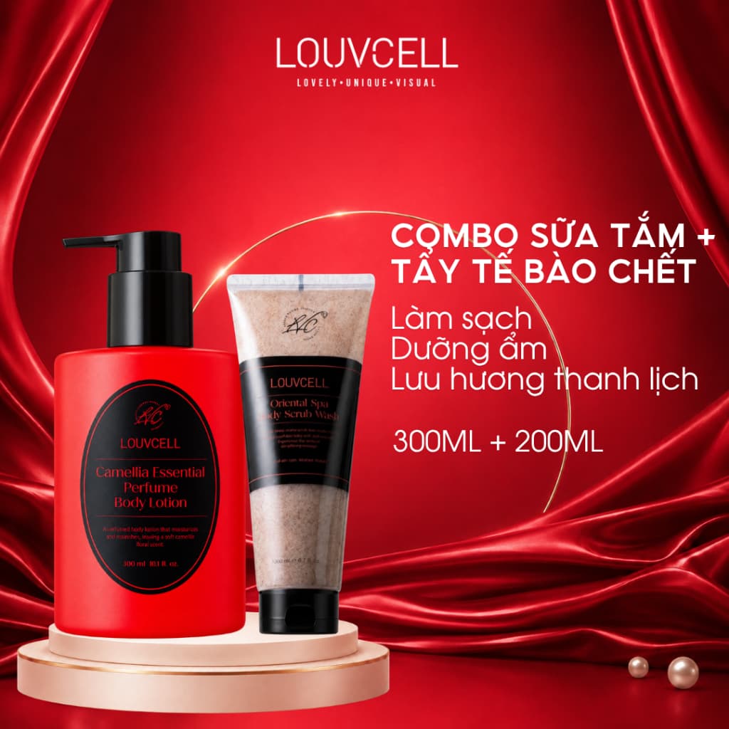 LOUVCELL Combo Sữa Tắm Tẩy Tế Bào Chết 230ml & Sữa Dưỡng Thể Nước Hoa Hương Hoa Trà 300ml - Hàng công ty, có xuất VAT