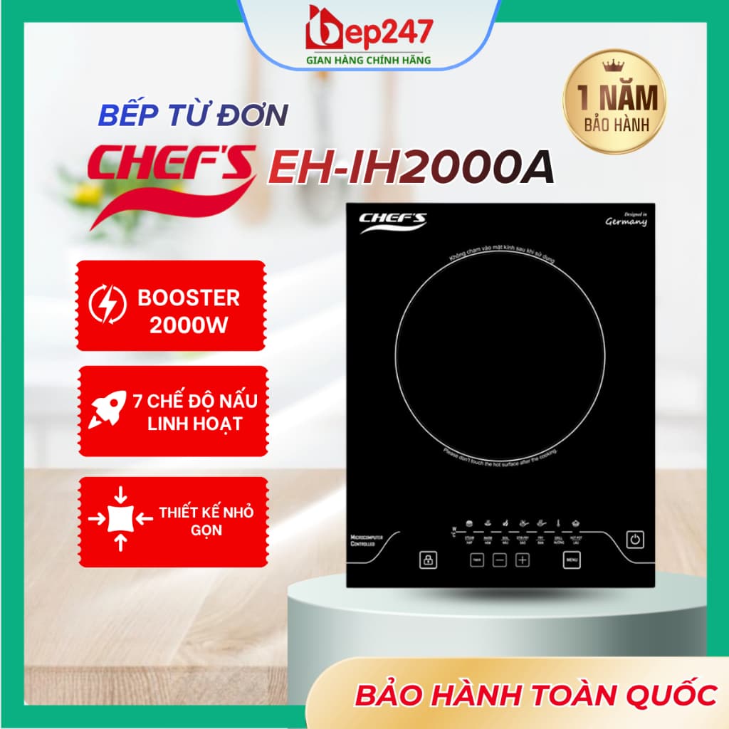 Bếp Từ Đơn Chef's EH IH2000A Chính Hãng 2000W Mặt Kính Ceramic E.G.O Hẹn Giờ Khóa Trẻ Em 7 Chế Độ Nấu Nhỏ Gọn Tiện Lợi