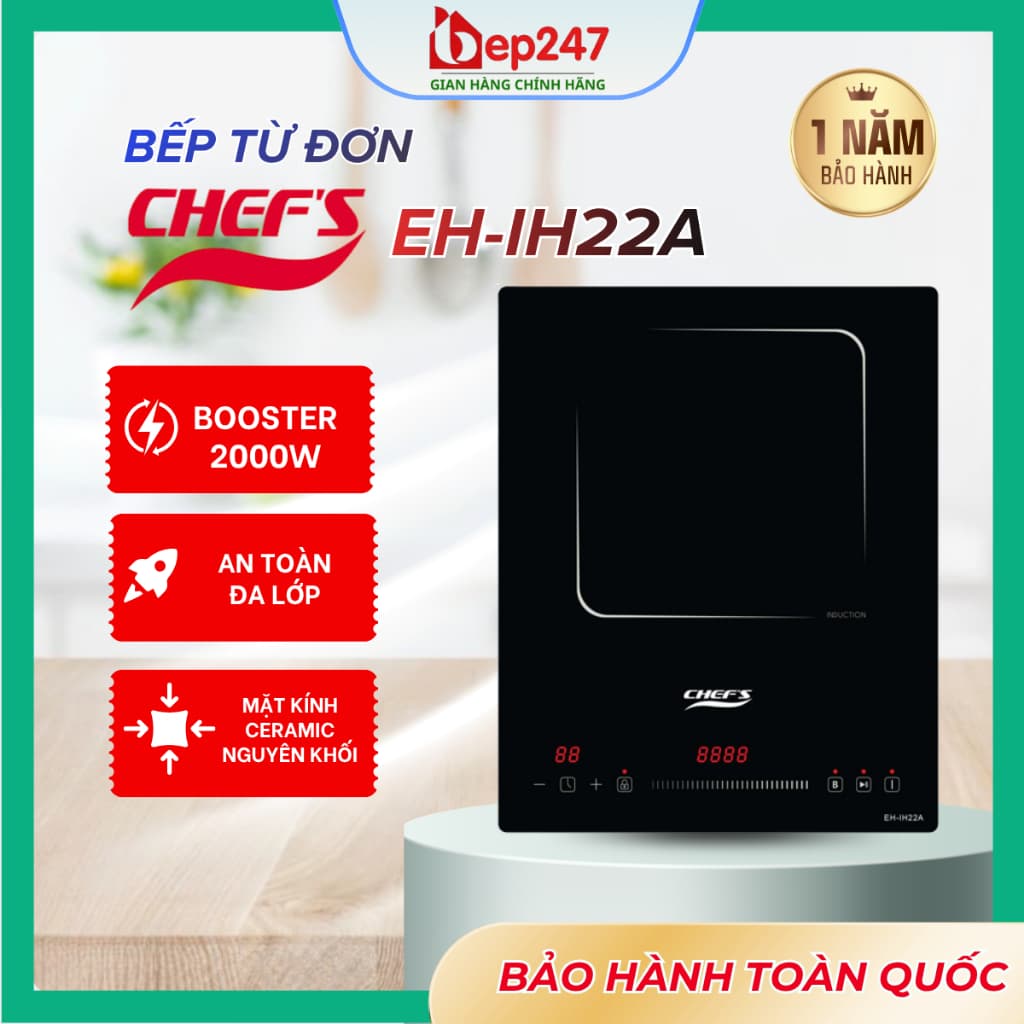 Bếp Từ Đơn Chef's EH IH22A 2200W Mặt Kính Ceramic E.G.O Lắp Âm Dương Hẹn Giờ Khóa Trẻ Em Cảnh Báo Nhiệt Chính Hãng