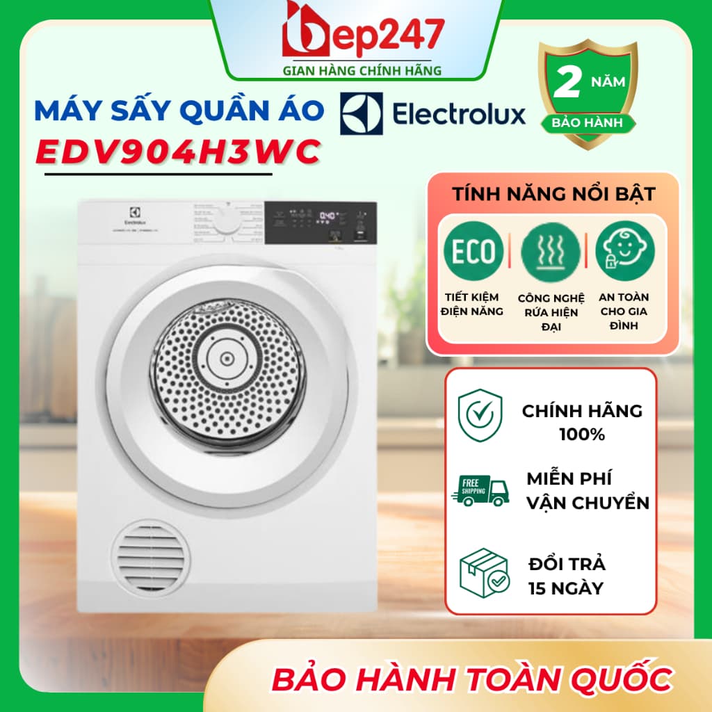 Máy Sấy Quần Áo Electrolux EDV904H3WC UltimateCare 300 9kg Thông Hơi Sấy Đảo Chiều Diệt Khuẩn Chính Hãng