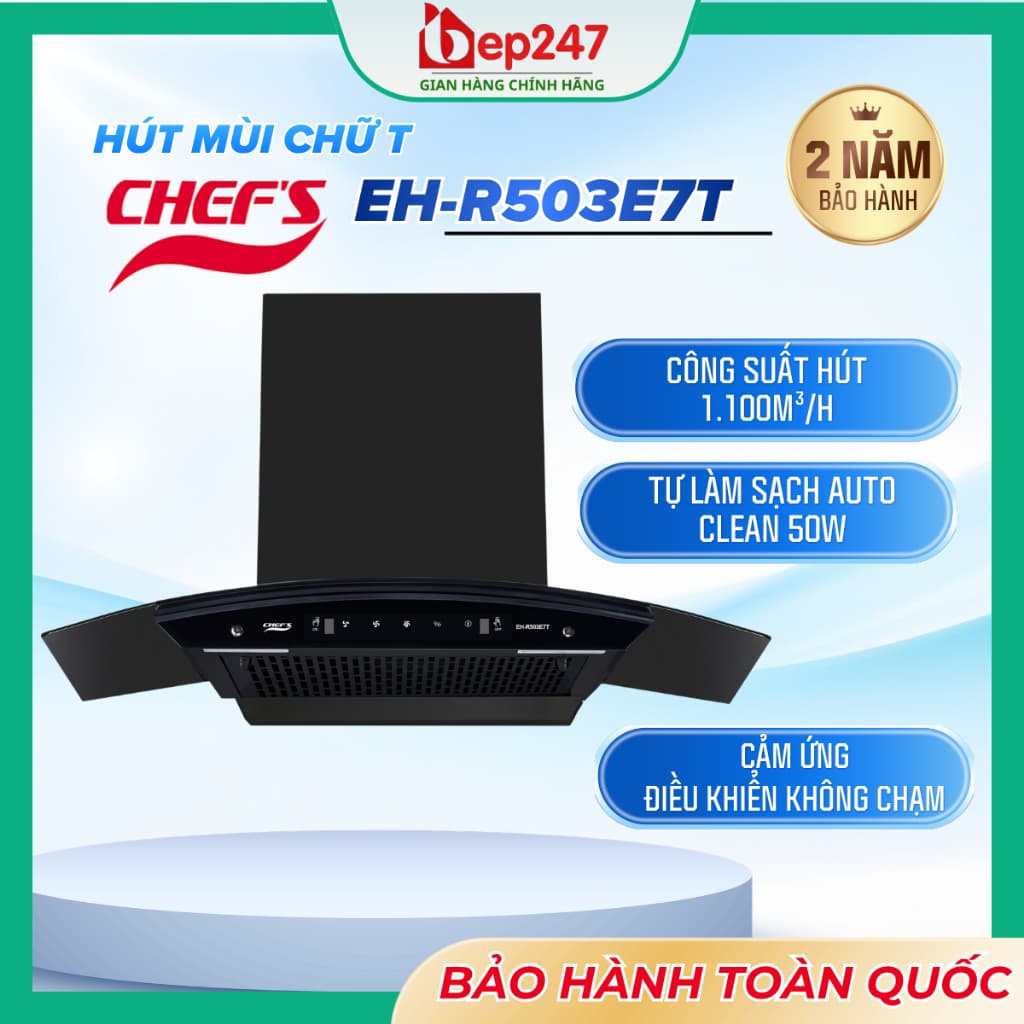 MÁY HÚT MÙI CHEF'S EH-R503E7T 70CM KÍNH CONG KÍNH CƯỜNG LỰC HÚT 1100M³/H ĐỘNG CƠ AC 183W CẢM ỨNG CHÍNH HÃNG