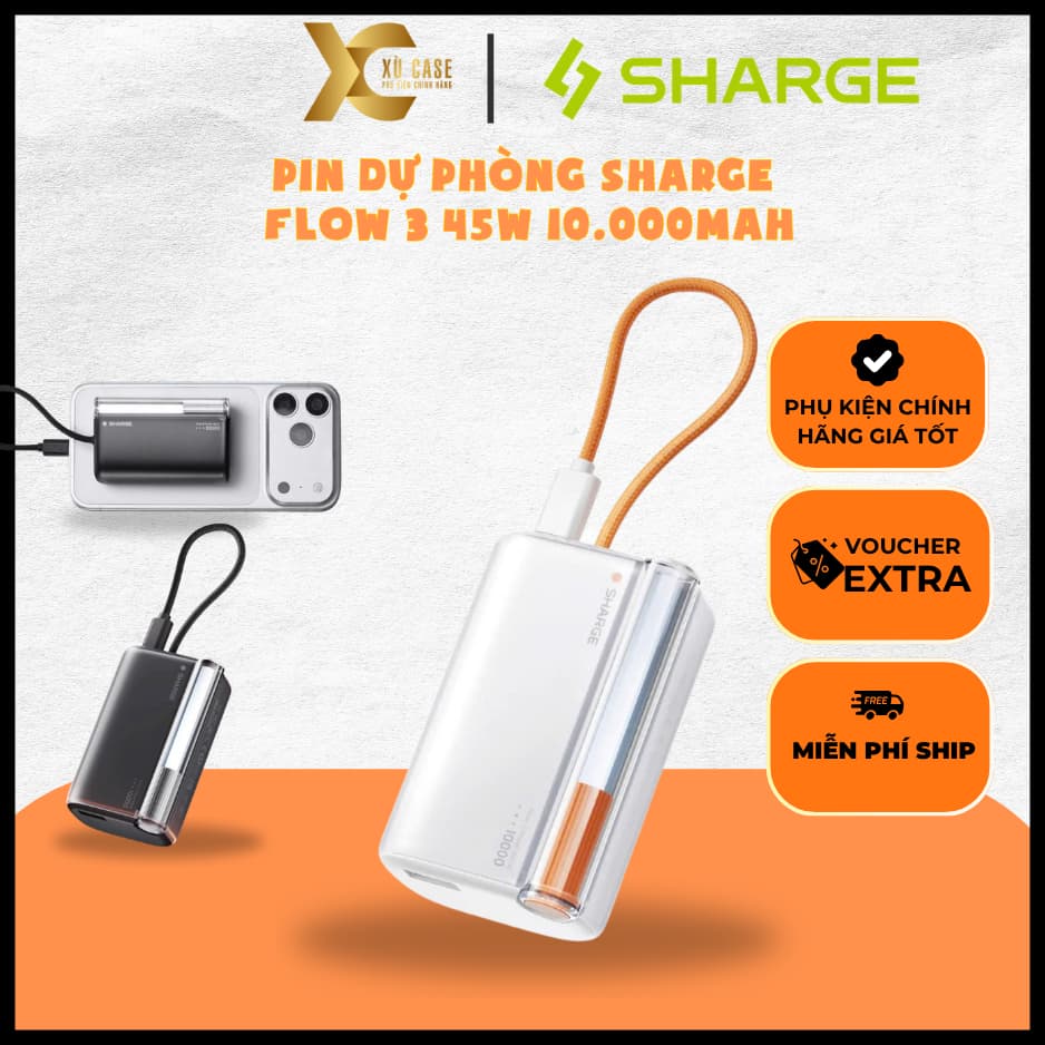 Pin Sạc Dự Phòng Sharge Flow 3 45W 10.000mAh Tích Hợp Cáp Type-C Đèn LED Orbital Hiển Thị Pin Bảo Hành 24 Tháng