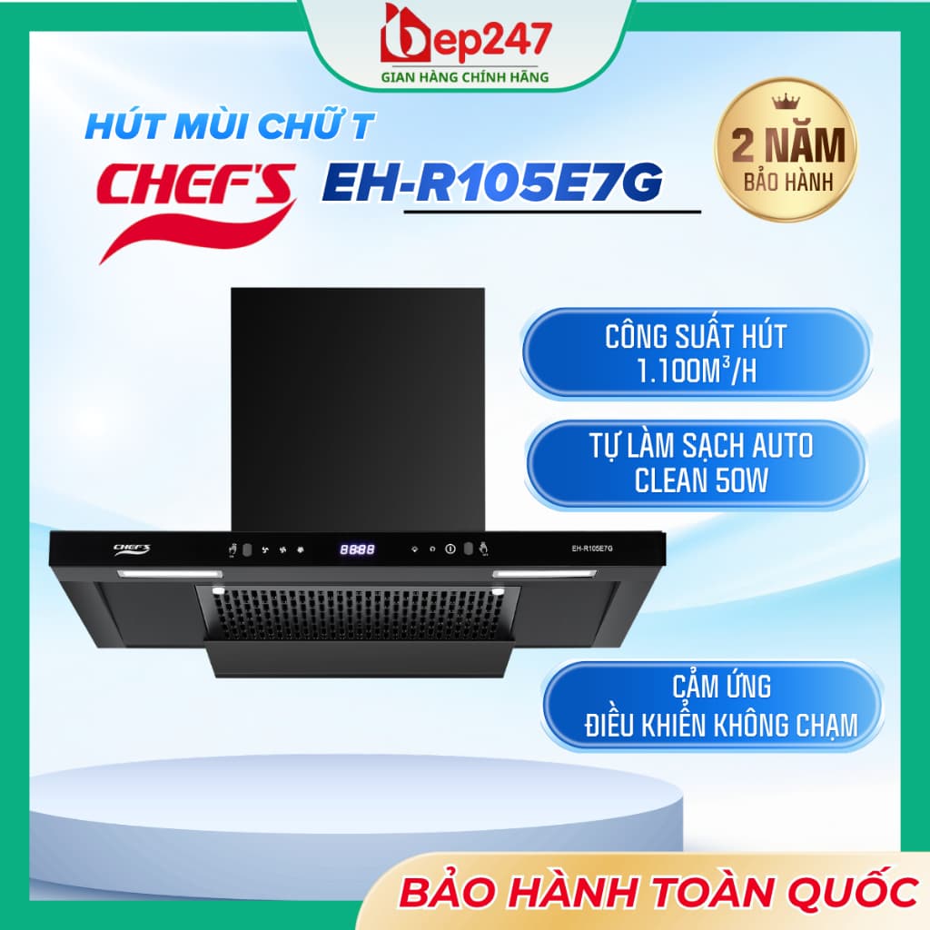 MÁY HÚT MÙI CHEF'S EH R105E7G 70CM CHỮ T KÍNH CƯỜNG LỰC ĐEN ĐỘNG CƠ AC 183W CÔNG SUẤT HÚT 1100M³/H ĐIỀU KHIỂN CẢM ỨNG