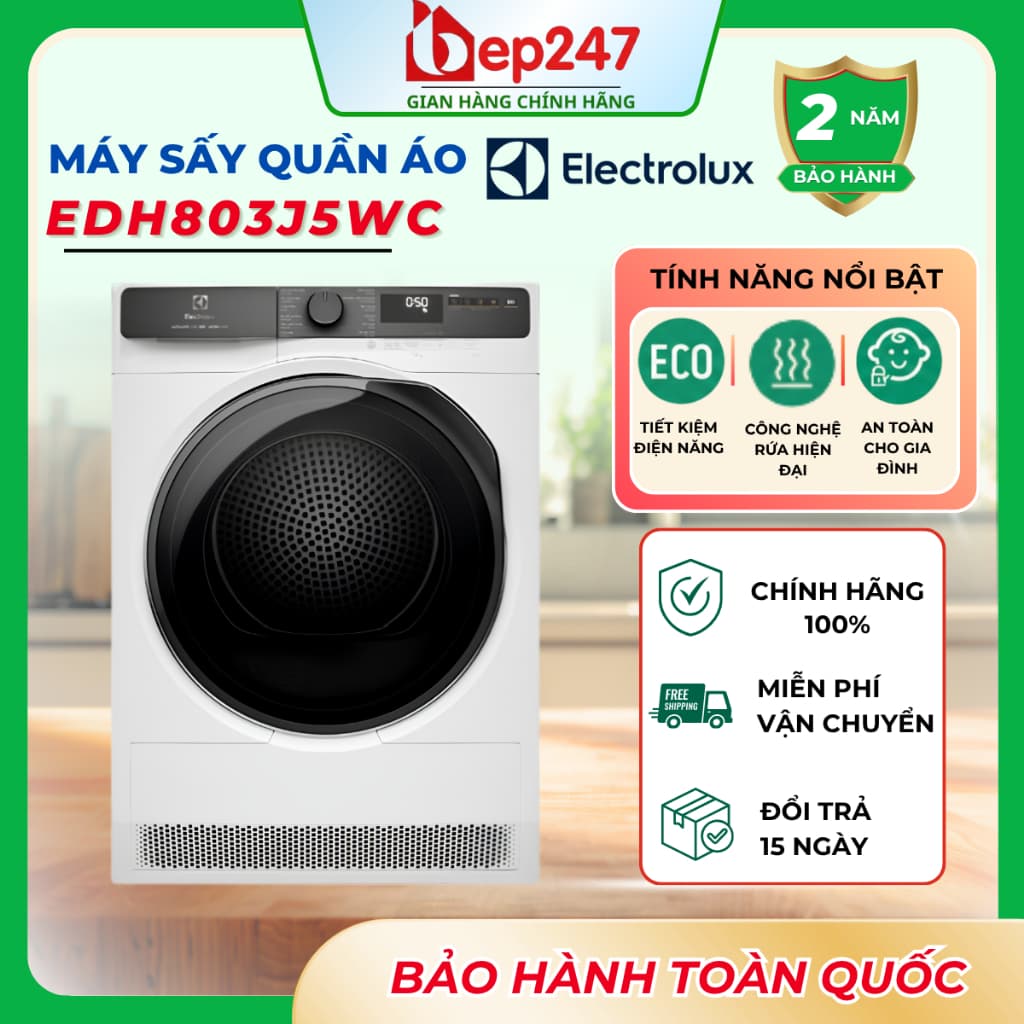 Máy Sấy Quần Áo Electrolux EDH803J5WC UltimateCare 500 8kg Bơm Nhiệt SensiCare Diệt Khuẩn Chính Hãng