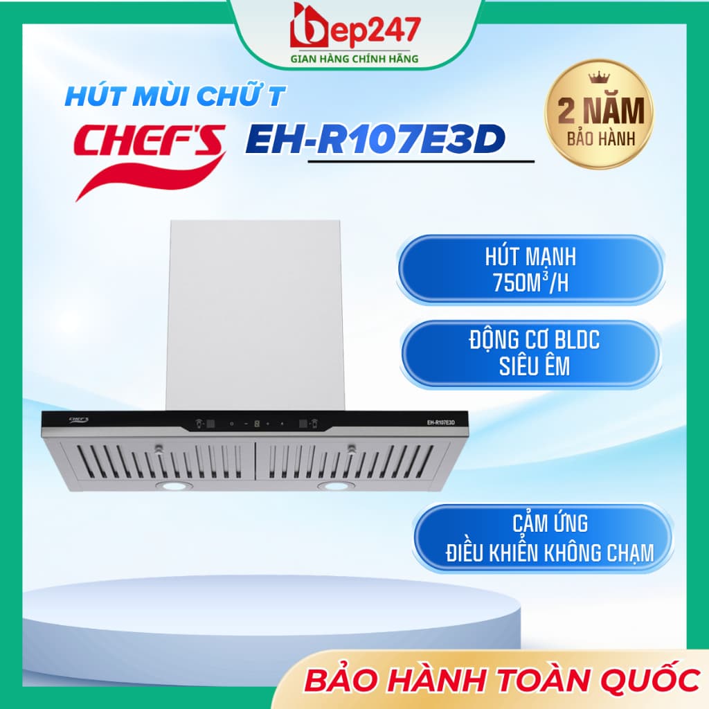 MÁY HÚT MÙI CHEF'S EH R107E3D 70CM CHỮ T KÍNH CƯỜNG LỰC ĐEN ĐỘNG CƠ BLDC KHÔNG CHỔI THAN CÔNG SUẤT HÚT 750M³/H