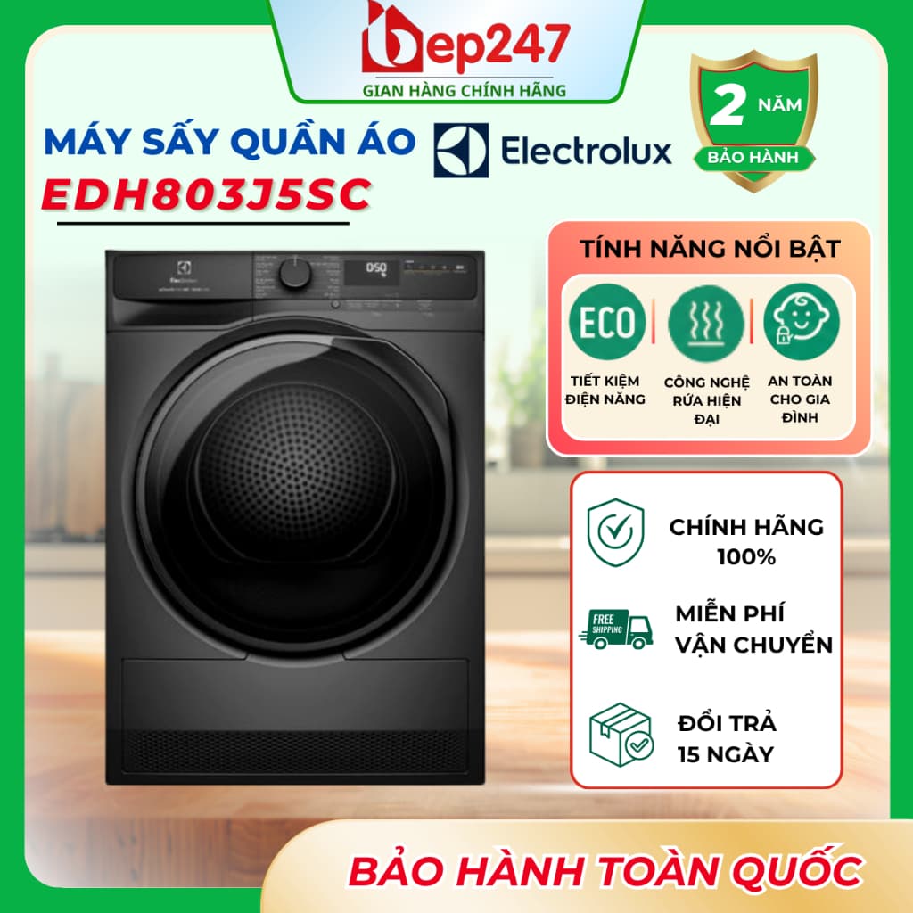 Máy Sấy Quần Áo Electrolux EDH803J5SC UltimateCare 500 8Kg Bơm Nhiệt Sấy Diệt Khuẩn Chống Nhăn