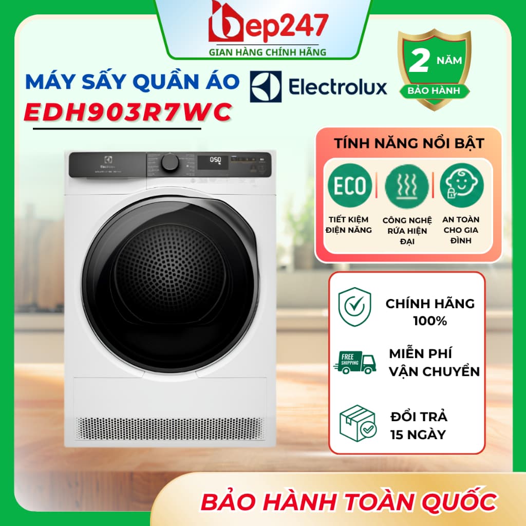 Máy Sấy Quần Áo Electrolux EDH903R7WC UltimateCare 700 9kg Bơm Nhiệt Inverter 3DSense Chính Hãng