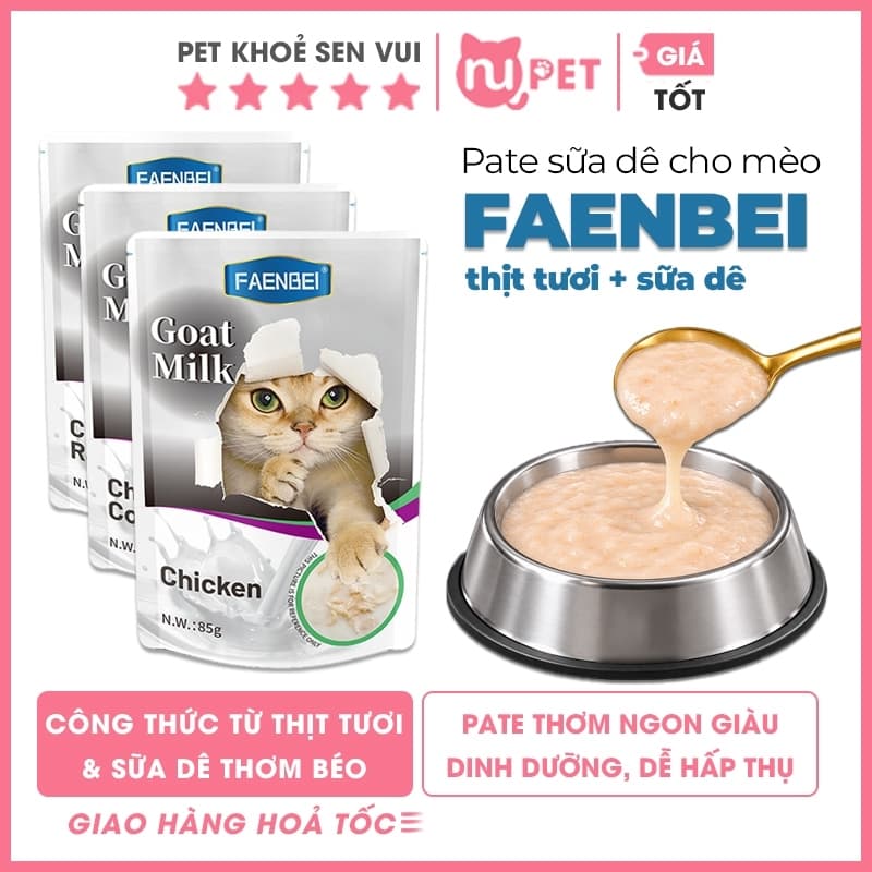 Pate sữa dê cho mèo FAENBEI gói 85g - Với 3 vị thơm ngon từ thịt gà và cá, dễ ăn và tiêu hóa