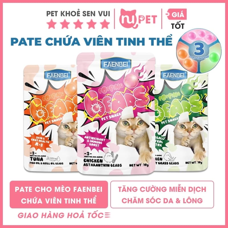 Pate mèo có viên tinh thể FAENBEI gói 70g - Viên dinh dưỡng giúp giảm búi lông, da & lông chắc khỏe