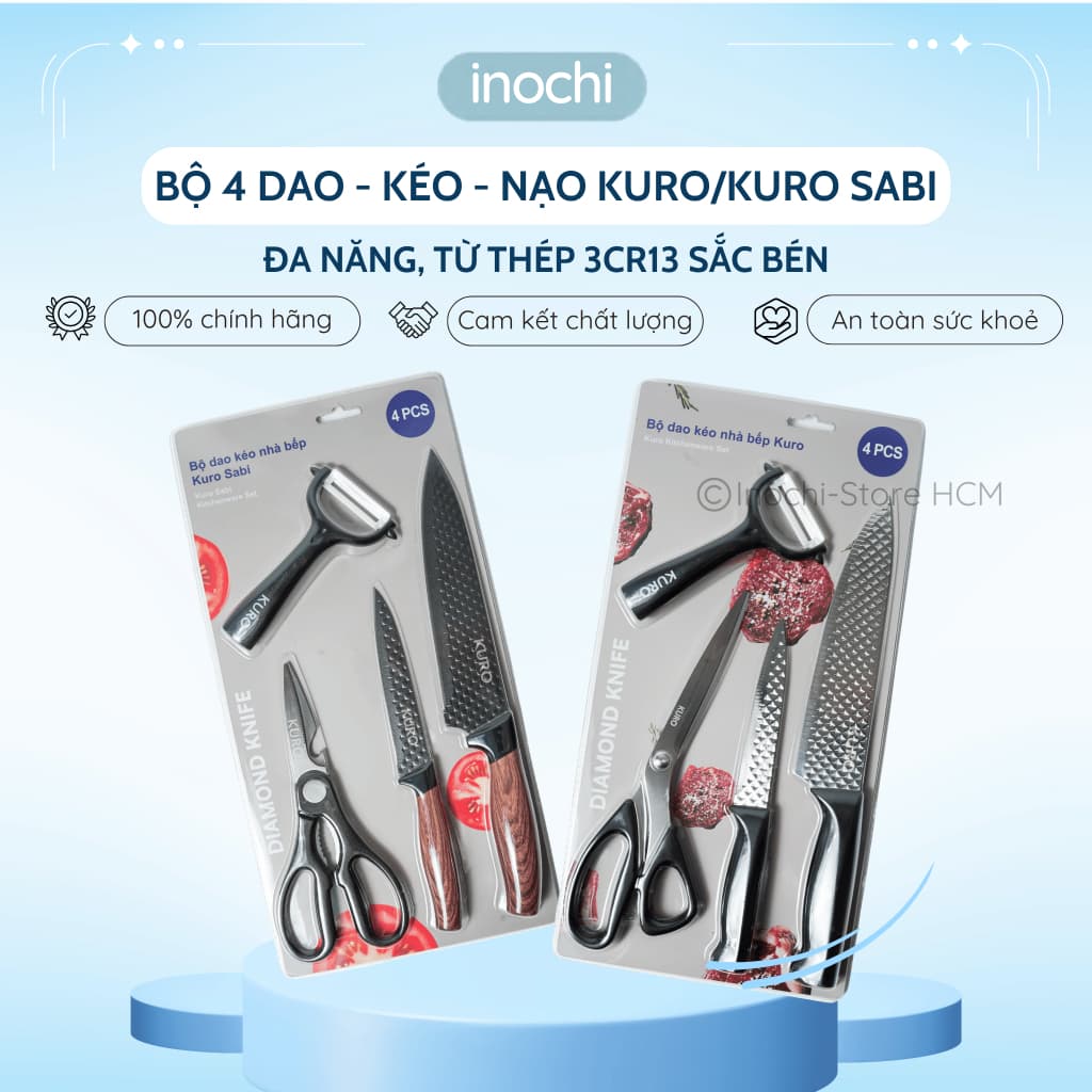 Bộ dao kéo nhà bếp KURO/KURO SABI Inochi 4 món tiện lợi, lưỡi thép 3Cr13 sắc bén, chống bám dính