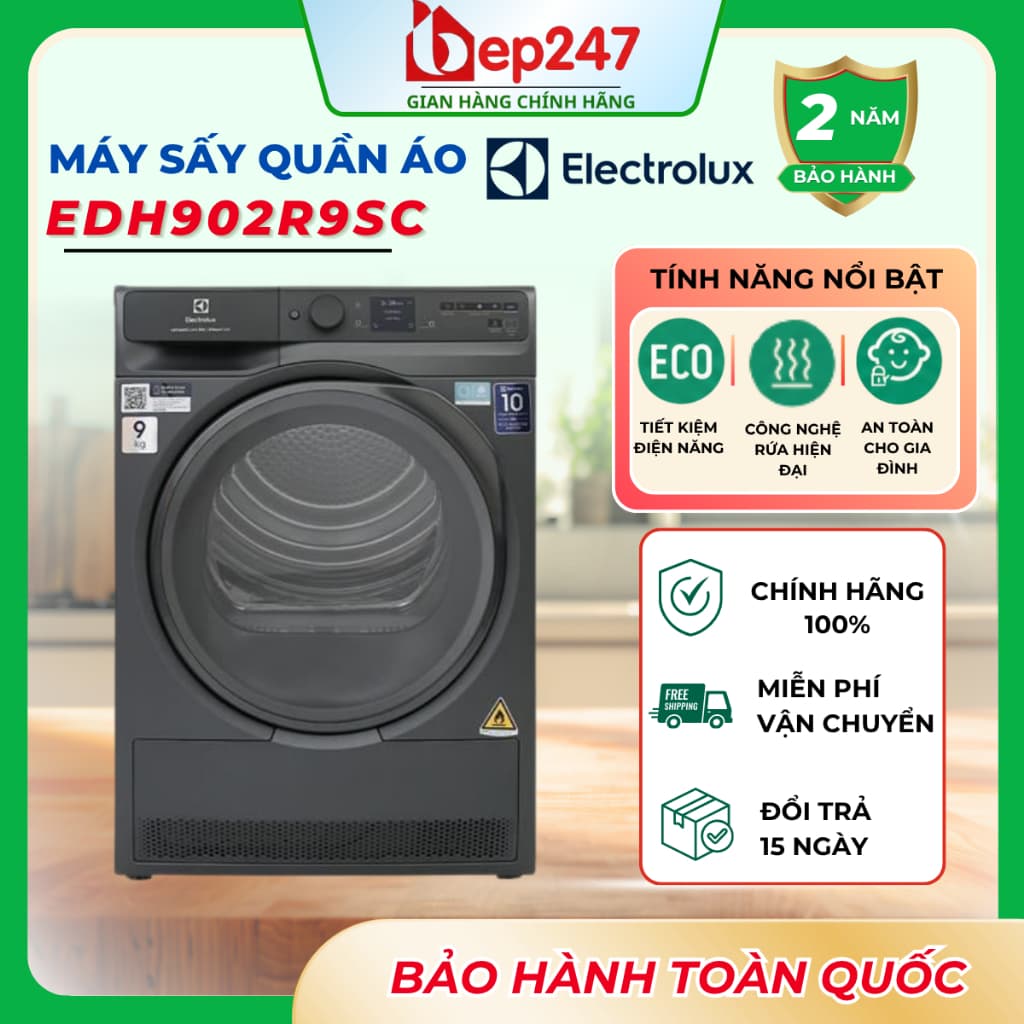 Máy Sấy Quần Áo Electrolux EDH902R9SC UltimateCare 900 9kg Bơm Nhiệt Inverter Sấy Hơi Nước Chính Hãng